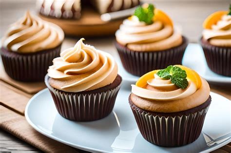 Una Bandeja De Cupcakes Con Glaseado De Naranja Y Una Hoja Verde Encima