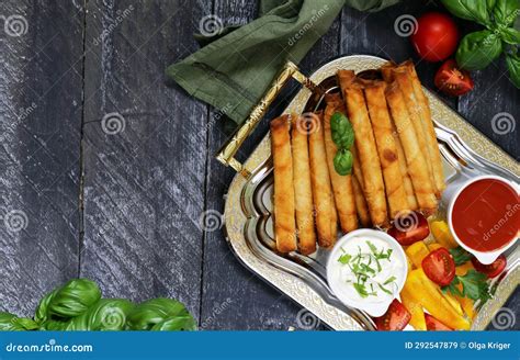 traditional appetizer borek  sauces stock image image  feta