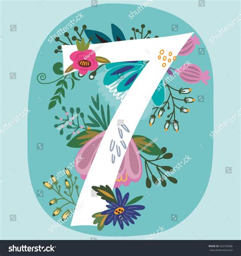 Vector Hand Drawn Floral Number With Vintage Amazing Flowers Number 7