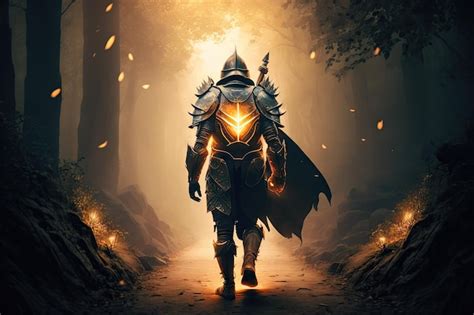 Premium AI Image | Brave warrior in armor walking on glowing path