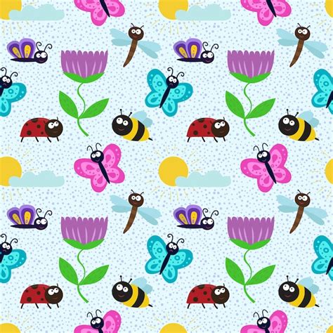 Premium Vector Cute Seamless Pattern With Insects And Flowers A