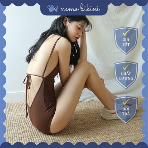 Bikini đi biển đồ bơi nữ 1 mảnh liền thân tôn dáng dây hở lưng nâu Nemo Bikini B41 Shopee