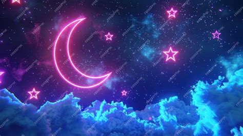 Neon Moon And Stars In A Night Sky Premium Ai Generated Image