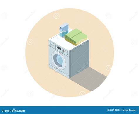 Vector Isometric Illustration Of Washing Machine Washing Clothes