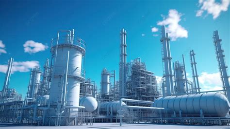 D Rendering Of An Oil Refinery With Pipelines On Blue Sky Background