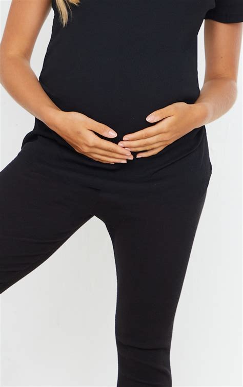 Maternity Black Over Bump Rib Leggings Prettylittlething