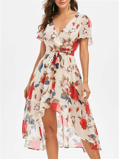 41 Off 2021 High Low Floral Midi Surplice Dress In White Dresslily