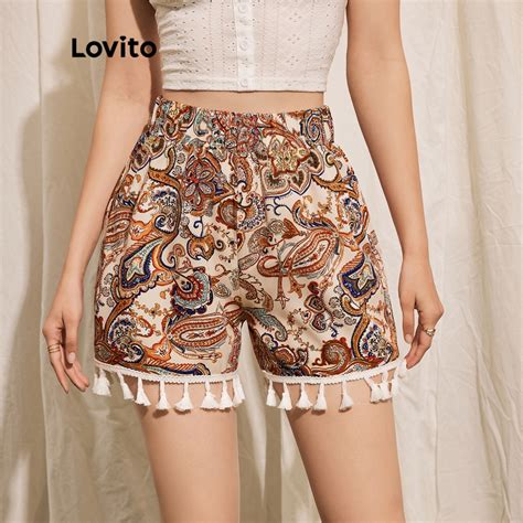 Lovito Boho Paisley Fringe Women Shorts L Ld Light Khaki Lovito