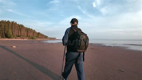 Elderly S Man Backpacker In Cap Scandinavian Walking Stick Sport