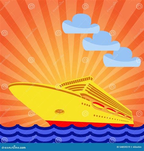 Cruise Ship on the Background of the Rising Sun. Stock Illustration