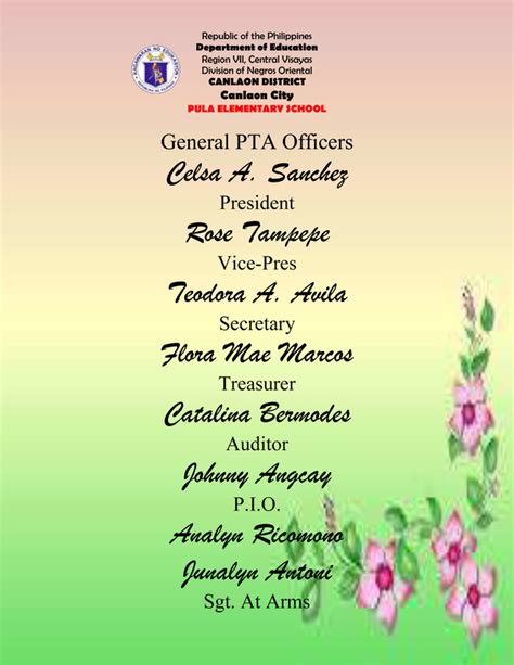 List Of General Pta Officers Pula Elementary School