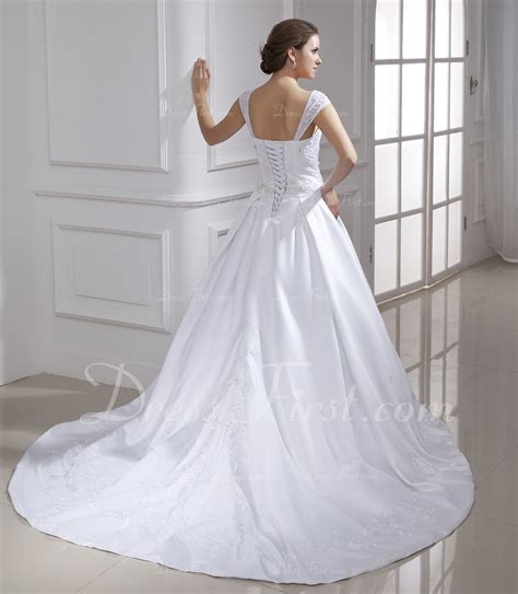 Ball Gown V Neck Chapel Train Satin Wedding Dress With Embroidered