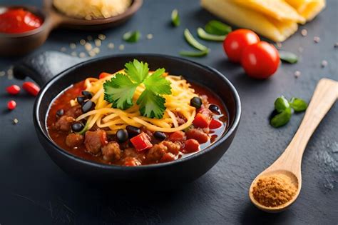 Premium AI Image | a bowl of chili with black beans and black beans.