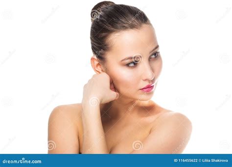 Beautiful Woman On White Isolated Background Looking Away Stock Photo Image Of Brunette