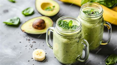 Premium Photo Glass Jar Mugs With Green Health Smoothie Banana