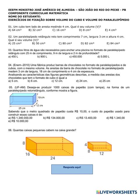 Exercícios Sobre Volume Do Cubo é Paralelepípedo Pdf