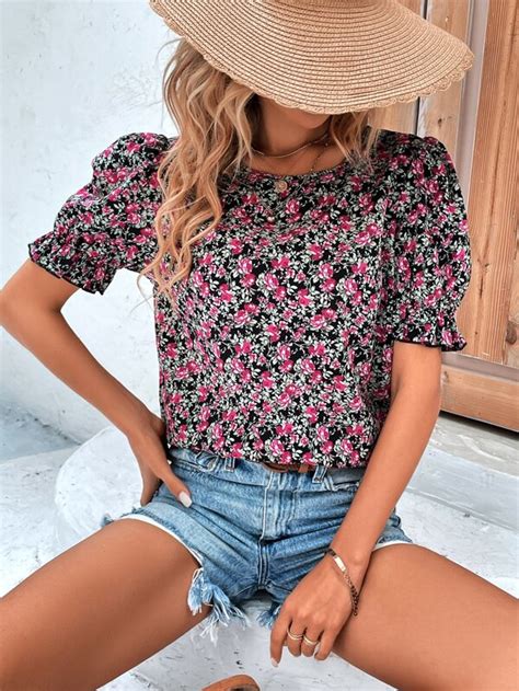 Shein Vcay Allover Floral Print Puff Sleeve Blouse Shein Usa