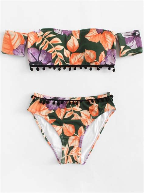 Pompom Embellished Floral Bikini Set Shein Sheinside Floral Bikini