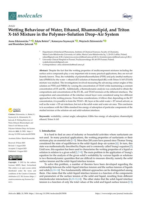 PDF Wetting Behaviour Of Water Ethanol Rhamnolipid And Triton X