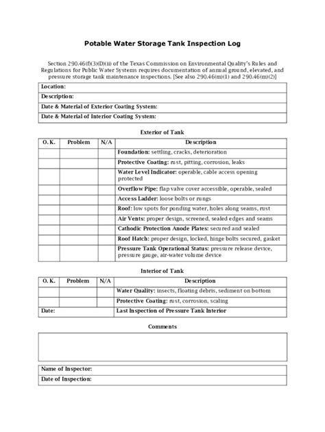 TX TCEQ Portable Water Storage Tank Inspection Log - Fill and Sign ...