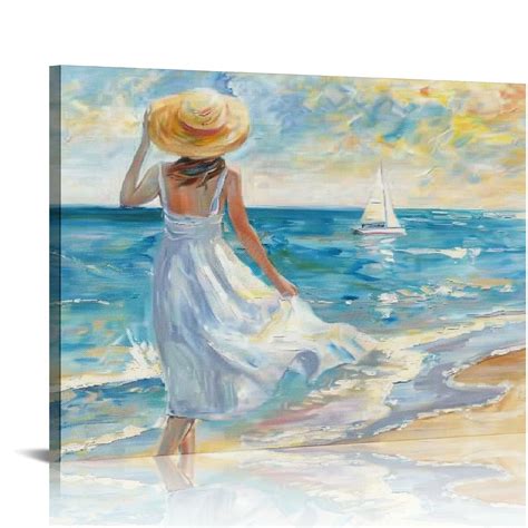 Fenyluxe Abstract Beach Picture Wall Art Girl Ocean Artwork Seascape