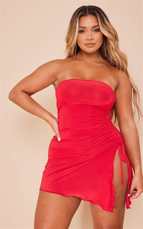 Shape Red Slinky Bandeau Frill Hem Bodycon Dress Shape