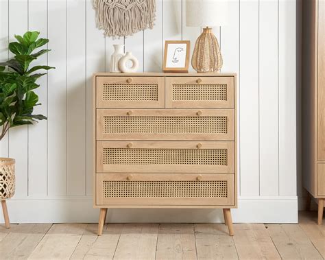 Croxley Oak 5 Drawer Rattan Chest Of Drawers Happy Beds