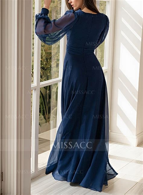 A Line V Neck Long Sleeves Floor Length Chiffon Evening Dresses With