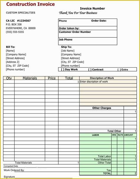 Construction Invoice Template Excel Free Of Construction Invoice Template Excel ...