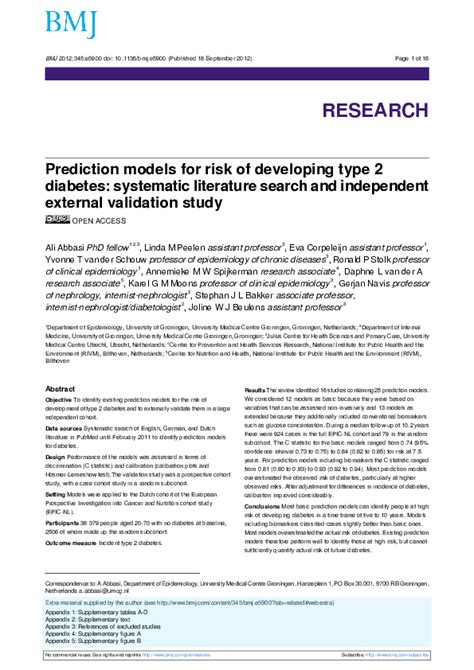 Pdf Prediction Models For Risk Of Developing Type 2 Diabetes