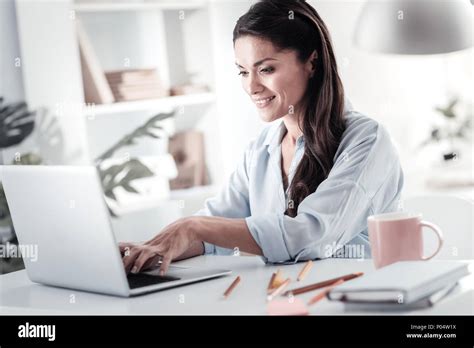 Joyful Brunette Woman Typing Message Stock Photo Alamy
