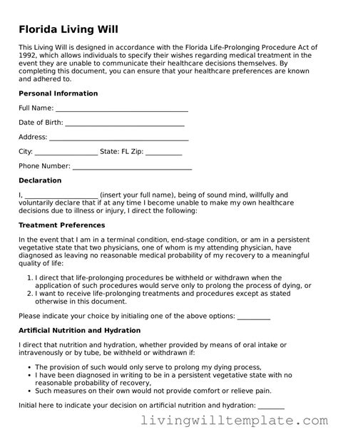 Florida Living Will Template ⇒ Download PDF Form