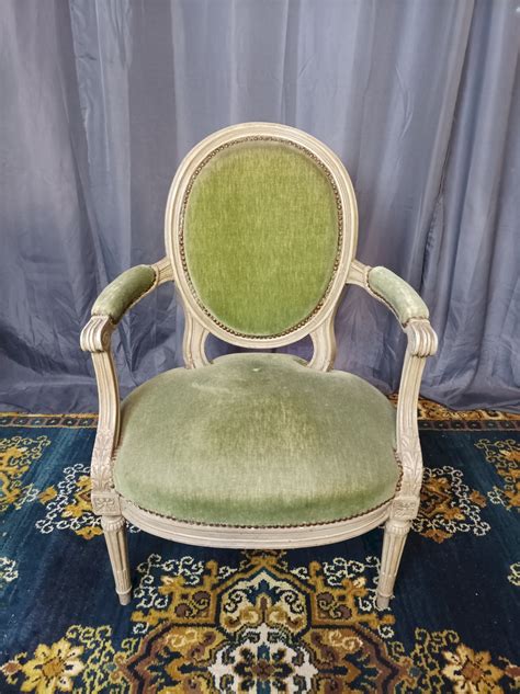 Fauteuil Louis Xvi Classique Vert Bois Tissu Velours