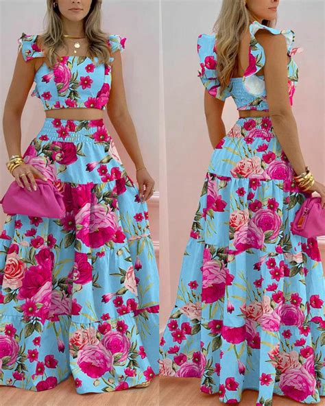 Floral Print Shirred Crop Top And Maxi Skirt Set