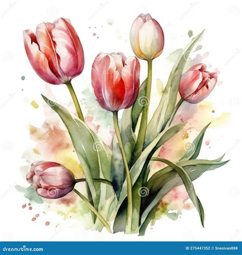 Watercolor Tulips Bouquet On White Background A Stunning Artistic