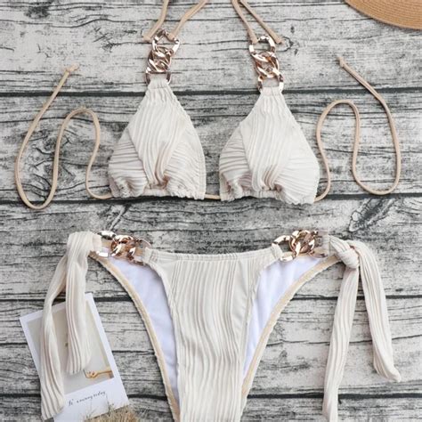 Solid Striped Swimsuit Summer New Set Sexy Design Split Swimsuit Chain Bikini Solid Colored