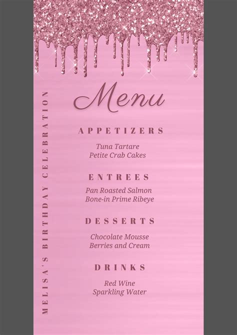 Editable Pink Menu Card Template Pink Glitter Drip Menu Card Etsy