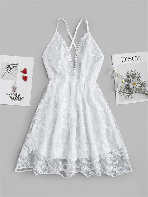 Organza Overlay Criss Cross Back Embroidered Dress WHITE White