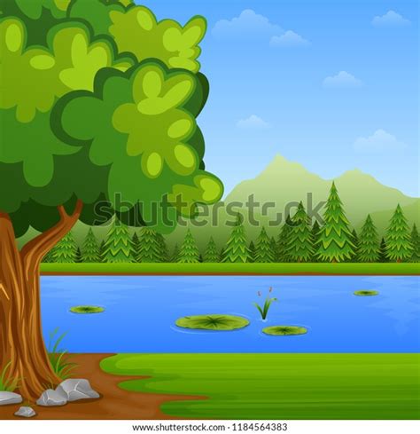 Green Landscape Pine Trees Lake Stock Vector Royalty Free 1184564383