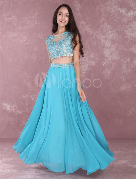 Two Piece Prom Dresses Long Cyan Chiffon Lace Illusion Floor Length