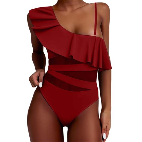 ANINEO Ruffle One Shoulder Mesh Hollow Out Sexy Swimsuit Bikini For Women Swimwear Versatile