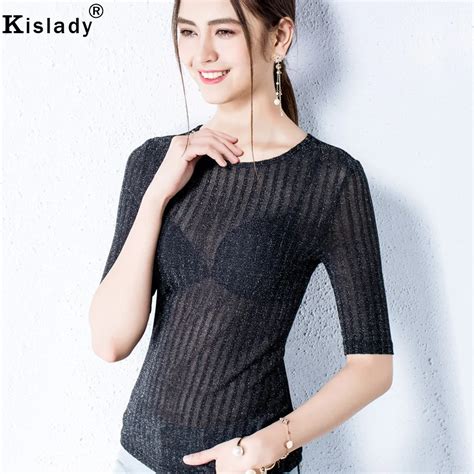 Kislady Roupas Femininas 2020 Brilhando Seda Sexy Meia Manga Tshirt