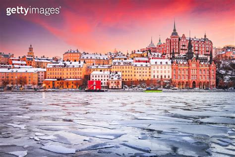 Stockholm Sweden Sunset With Mariaberget Downtown And Frozen Lake