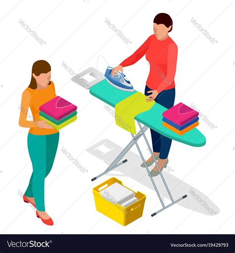 Isometric Woman Ironing Clothes Using Iron Vector Image