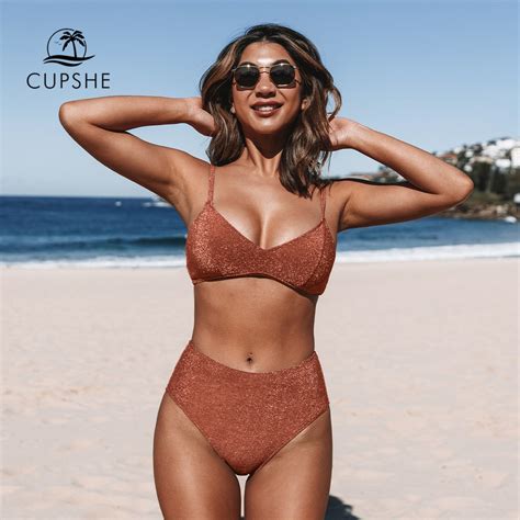 Cupshe Shiny Brick Red High Waist Bikini Sets Swimsuit For Women Sexy V