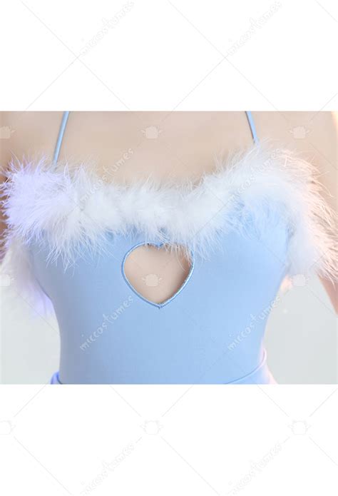 Bunny Girl Sexy Lingerie Set Blue Furry Heart Hollow Halter Bodysuit With Skirt And Striped