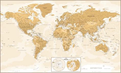 World Map And Poles Golden Vintage Political Topographic Vector Detailed Layered