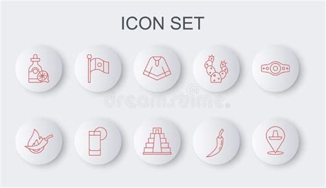 Set Line Mexican Sombrero Hot Chili Pepper Pod Poncho Tequila Bottle With Lemon Mexico Flag