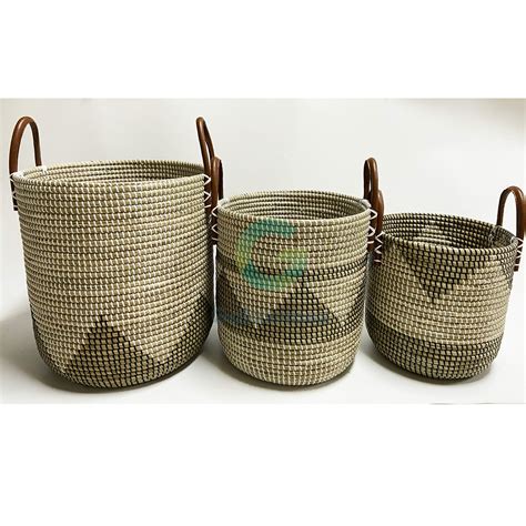 Seagrass Storage Basket With Leather Handles Set 3 Galaximex