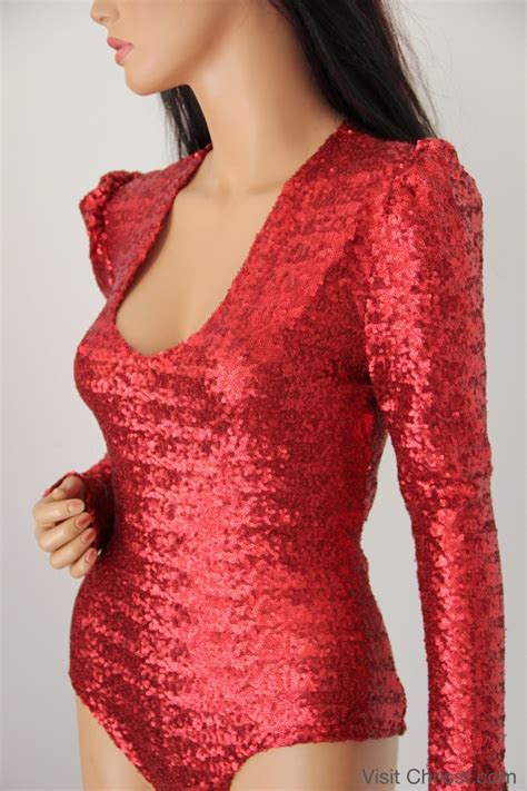 Bodysuit Red Sequin Long Sleeve Cosplay Costume Lady Gaga